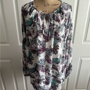 Beautiful Sejour Blouse in White/Purple/Green with Tie Accent Neck, Long Sleeve